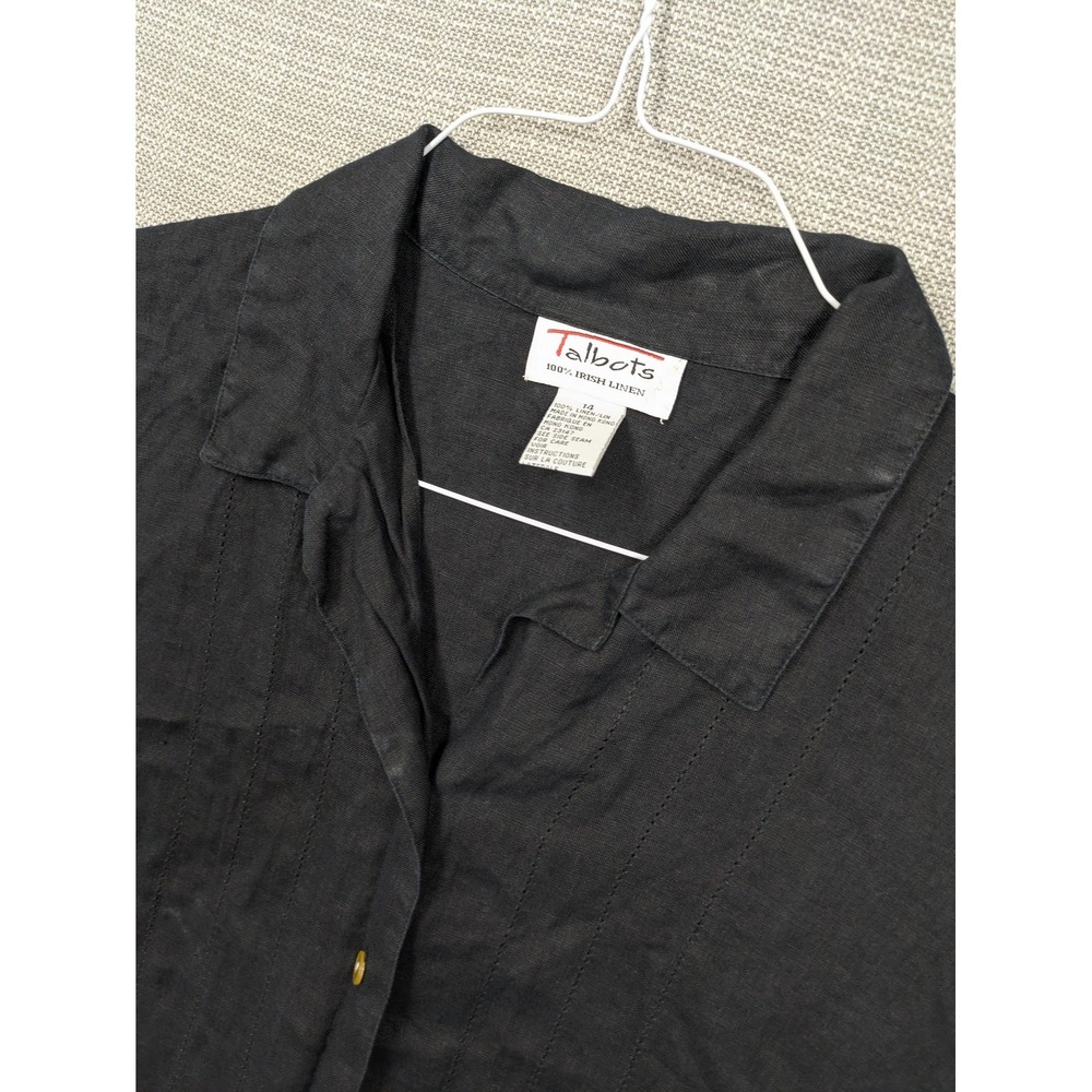 Talbots Shirt Womens 14 Black Irish Linen Button Up Short Sleeve Casual